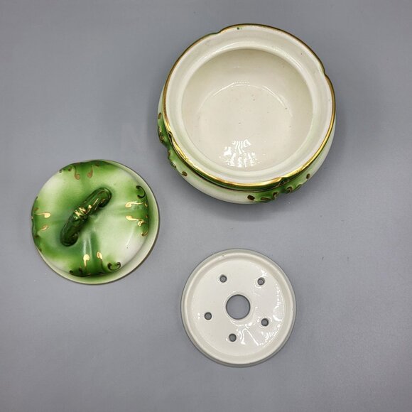 Vintage Ceramic Lidded Pot Jar Flower Frog Emerald Green Gold Accents Home Decor - Picture 6 of 11